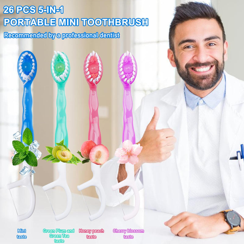 Pack of 26 Travel Toothbrushes, 5 in 1 Disposable Toothbrushes Mini with Dental Floss, Mini Toothbrush Set, Travel Toothbrush, Travel Toothbrush for On the Go Camping Travel Children Adults