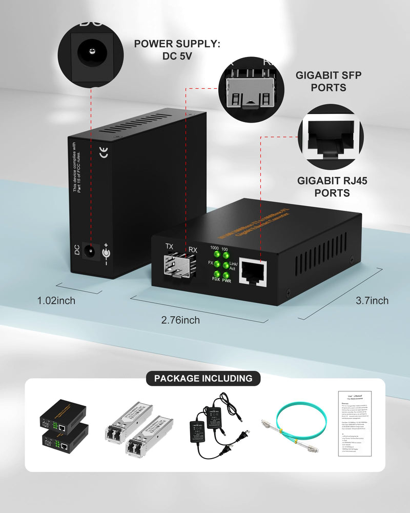 A Pair of Fiber to Ethernet Converter 1.25G/s Gigabit Ethernet Multi-Mode Media Converter with 2 Bidi SFP LC Modules, 10/100/1000Base-Tx to 1000Base-SX RJ45 to SFP Slot, Up to 550M MultiMode LC Dual Port cable as gift