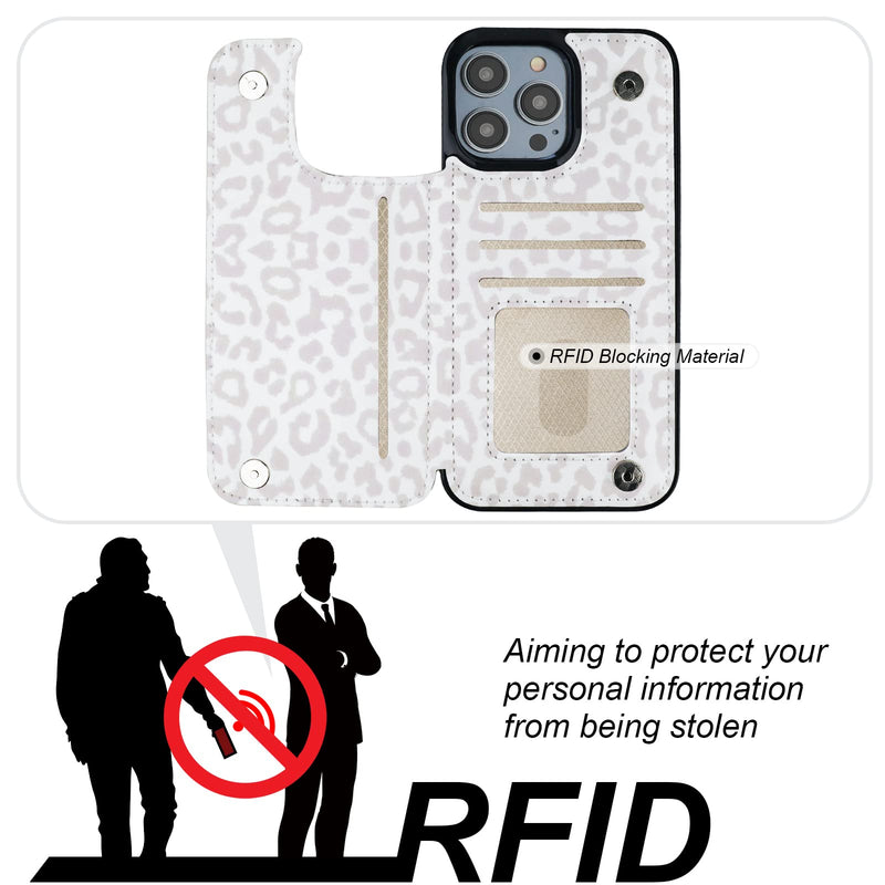 HAOPINSH iPhone 14 Pro Max Wallet Case, White Leopard Pattern, PU Leather Kickstand, Card Slots, Double Magnetic Clasp, 6.7" Shockproof