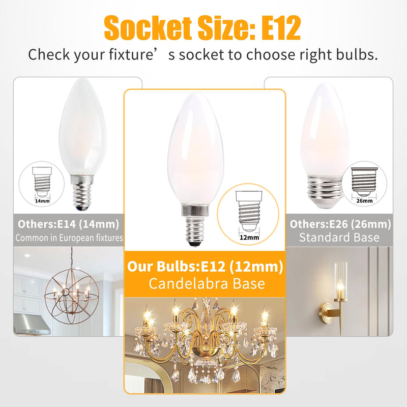 FELCO Dimmable Led Chandelier Light Bulbs, E12 Candelabra Bulb 60 Watt Equivalent, 5.5W Frosted B11 Led Filament Candle Lights for Chandeliers, 500LM Bright, 2700K, 12Pack 2700k Warm White 12 Pack