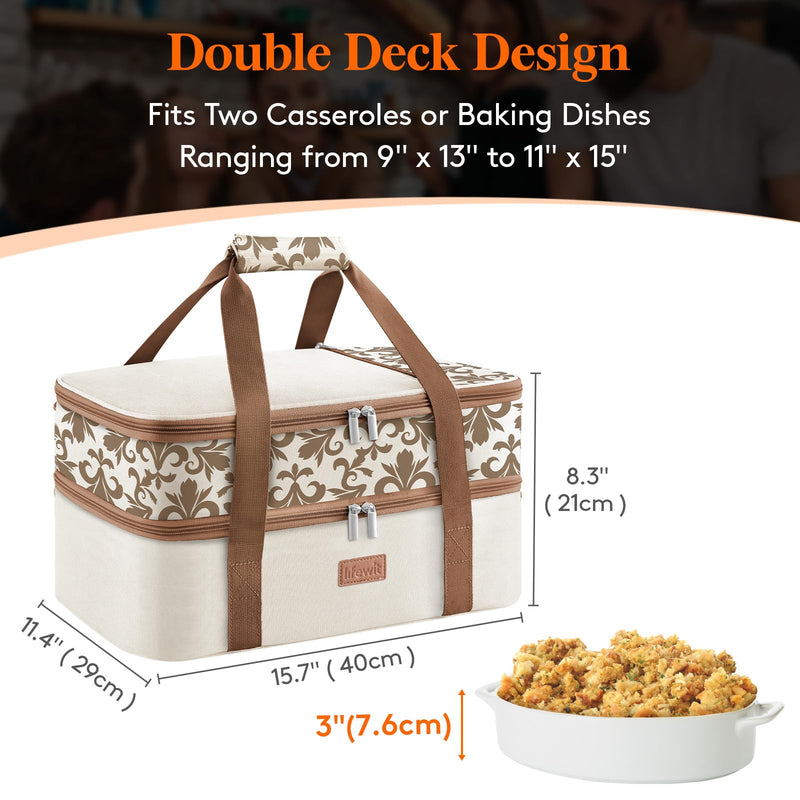 Lifewit Insulated Double Decker Casserole Carrier for Hot or Cold Food, Lasagna Lugger Holder Fits 9" x 13" Baking Dish, Thermal Lunch Tote Bag for Potluck Parties, Picnic and Cookouts, Cream Beige 15.7 x 11.4 x 8.3inch