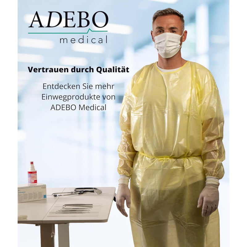 Pack of 10, yellow, disposable PP + PE protective gown, optimal protection, disposable gown with knitted cuffs and fastener, premium surgical gown (125 x 140 cm)
