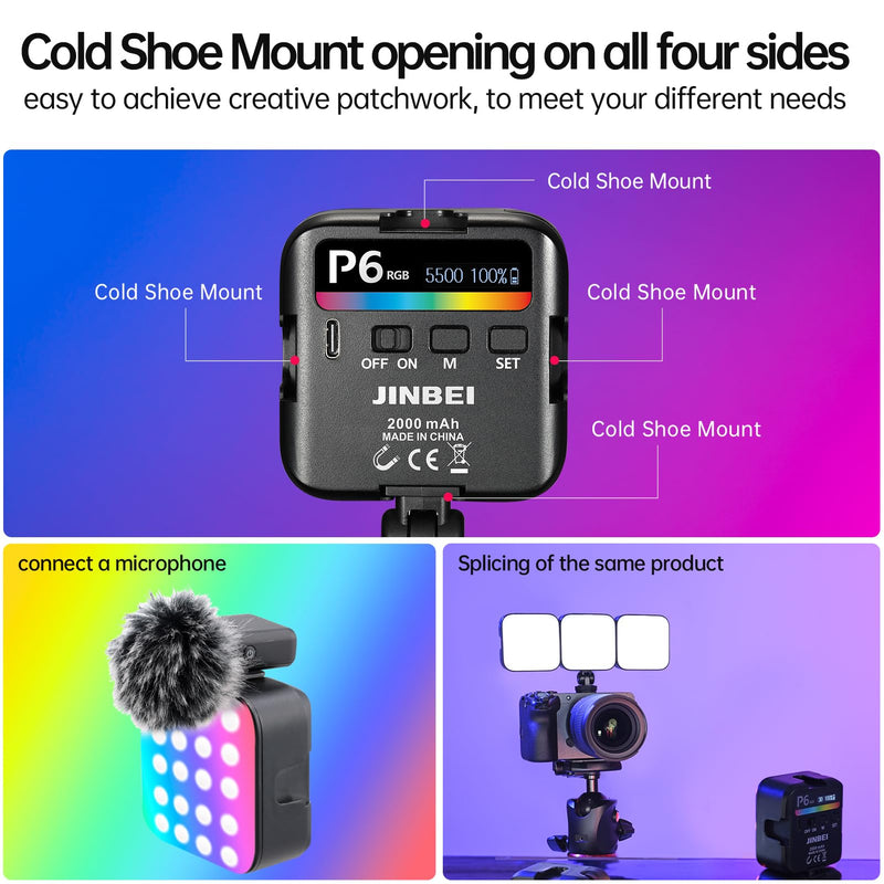 JINBEI P6 LED Video Light,Camera Light with 4 Cold Shoe Mount 2000mAh Rechargeable Portable Photography Lighting (P6 RGB) P6 RGB