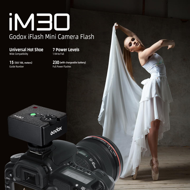 Godox IM30 Mini Flash (New Upgrade) for Canon/Nikon/Fuji/Sony, 230 Full-Power Hotshoe Single-Contact Flashes GN15 Mini Flash with 7 Power Levels Pocket Size Speedlite for Photography/Travel/Portrait