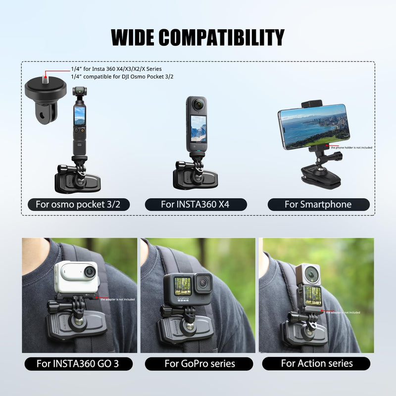 OSMO Pocket 3 Magnetic Backpack Clip Mount 360° Rotation Shoulder Strap Holder Compatible for DJI OSMO Pocket 3 Accessories/GoPro Hero 13/12/11/10/9/8/7/6/5/Insta 360 X4 X3 X2 X ONE RS R GO3