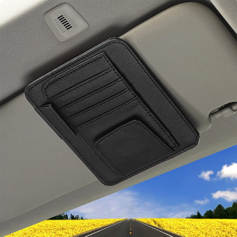 Small Leather Car Sun Visor Organizer for Car Truck, Sunglass Holder, Car Card Sleeve Pocket Organizer, Car Visor Document Holder, Car Registration and Drving License, Invoices, Pen, Chapstick Black, Classic Style