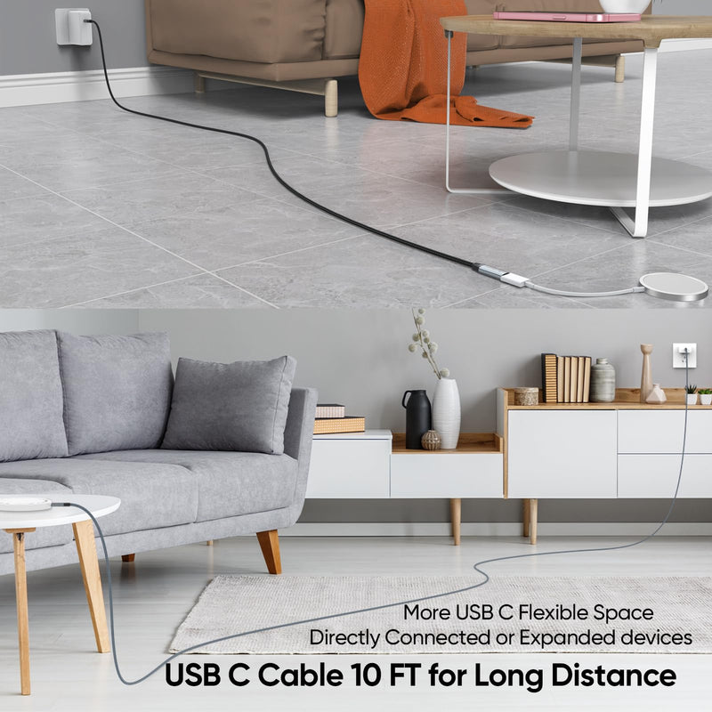 USB C to USB C Cable 10FT Long,Type-C Video Data Charging Cable (4K@144Hz, 20Gbps, 240W), USB 3.2 Gen 2 (Thunderbolt 3/4/5 Compatible) for Laptop,Phone, Monitor, Tablets, Docking, SSD,Camera Grey 1