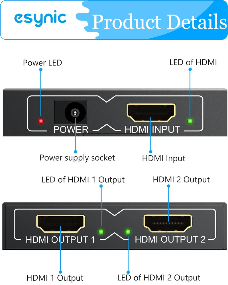 eSynic Portable 4K/30HZ HDMI Splitter 2 Way HDMI Adapter 1 in 2 Out [Only Mirror No Extend Mode] HDMI 1.4 Version for HDTV PS4 Blu-ray Player Laptop Satellite [Not Support HDCP Bypass]