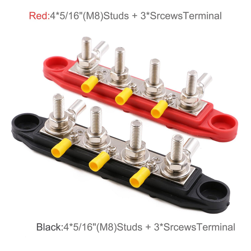 12V- 48V DC Bus Bar 250A Power Distribution Block with 4 x 5/16" Studs, 3X #8 Screws Terminals Battery Busbar with Cover, and extra 10 Lugs, Positive& Ground, 2 Pack 250A- 48V DC- 4x 5/16"- Black& Red