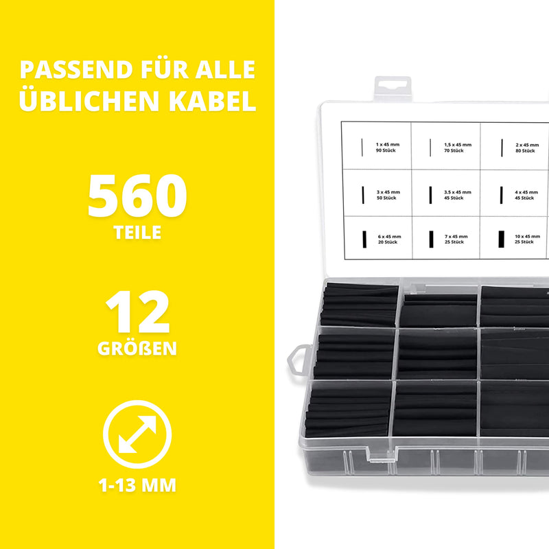 NEUBACH® heat shrink tube set - with 12 sizes between 1-13mm Ø I a total of 560 shrink tubes I Because it is water-repellent and break-resistant, the perfect shrink tube