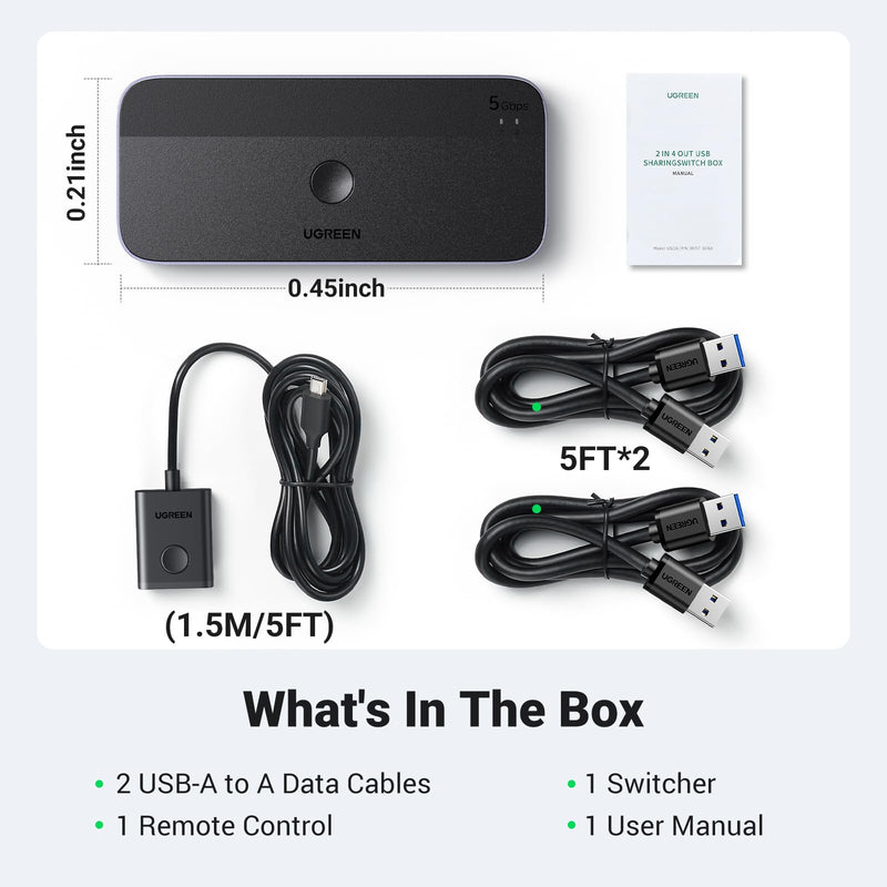 UGREEN USB 3.0 Switch 2 Computers Sharing USB C & A Devices, 4 Port USB Switcher Sharing Keyboard and Mouse, Printer/Scanner USB Switch Hub for Two Computers with 2 USB3.0 Cables and Controller Black