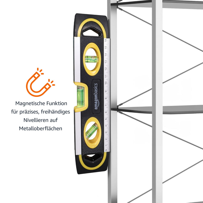 Amazon Basics Magnetic Torpedo Spirit Level and Ruler Spirit Level Solder / Spirit Level / 180-90-45 Degree Bubbles 22.8 cm (9 inches), Black, Yellow
