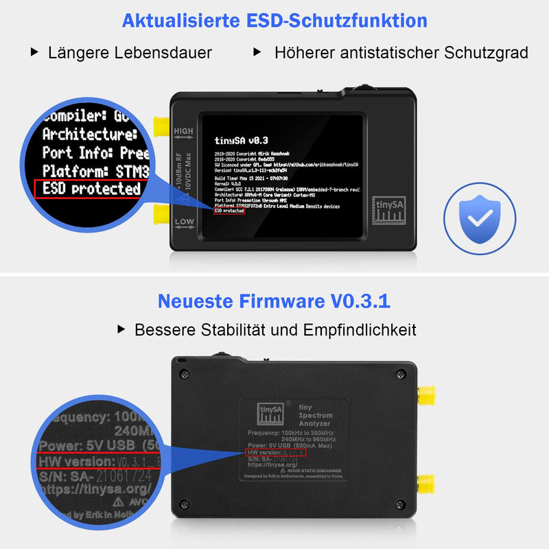 AURSINC TinySA Spektrumanalysator Handheld, V0.3.1 2,8 Zoll Touchscreen, 2-in-1 Signalgenerator 100 kHz-960 MHz MF/HF/VHF UHF-Eingang, ESD-geschützte Funktion