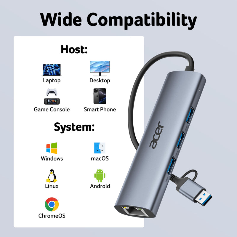 Acer USB C to Ethernet Adapter, USBC Hub Ethernet with 3 USBA 3.0 and RJ45 1Gbps LAN Port, Aluminum Heat Dissipation, USB to Network Adapter for Laptop, MacBook Pro, iPad, XPS and More