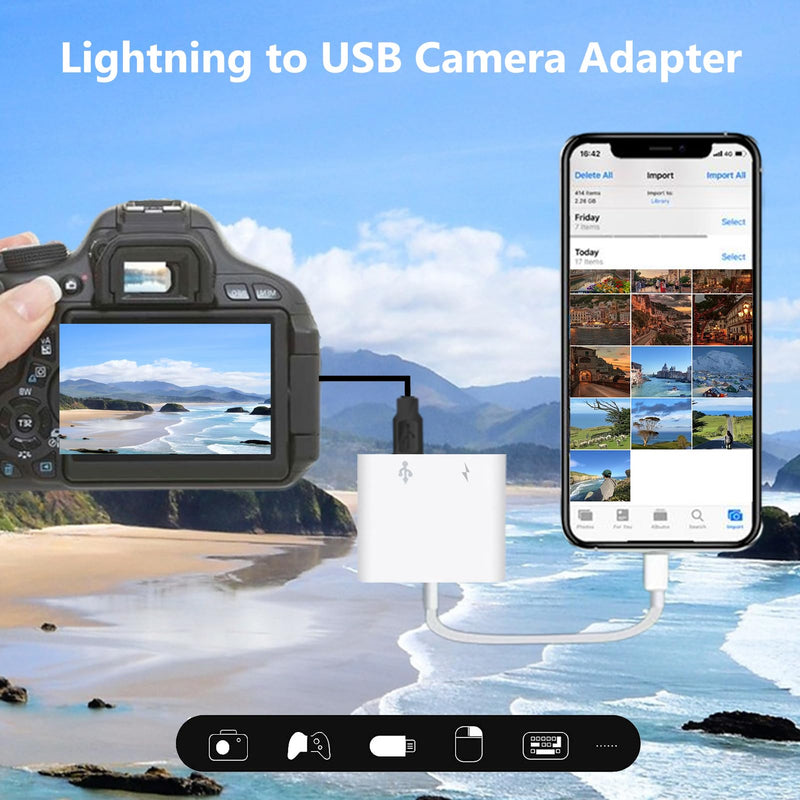 [Apple MFi Certified] Lightning to USB Camera Adapter with Charging Port for iPhone, USB 3.0 Female OTG Cable for iPad to Connect Card Reader USB Flash Drive U Disk Keyboard Mouse Hubs Midi OTG + Charging Port to Lightning