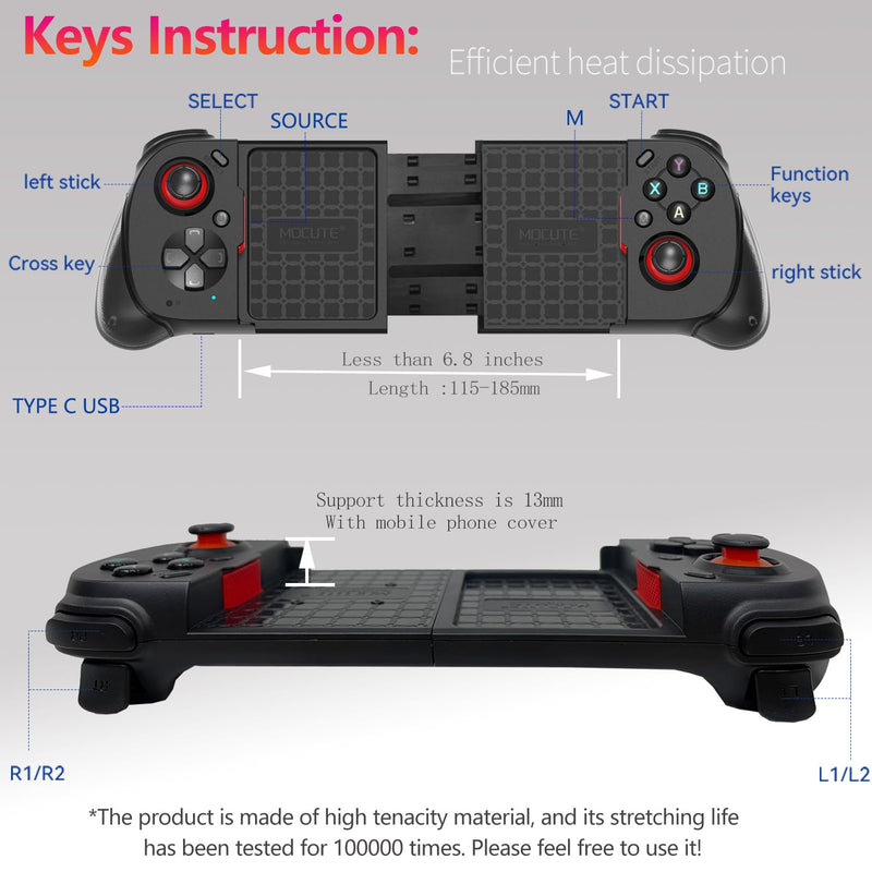 Wireless Cloud Gaming Controller for iOS, Android, Windows PC, including iPhone15/14/13, Steam etc.. Hall trigger, Linear trigger and Analog trigger E-Sports Handle Gamepad, Bluetooth Black