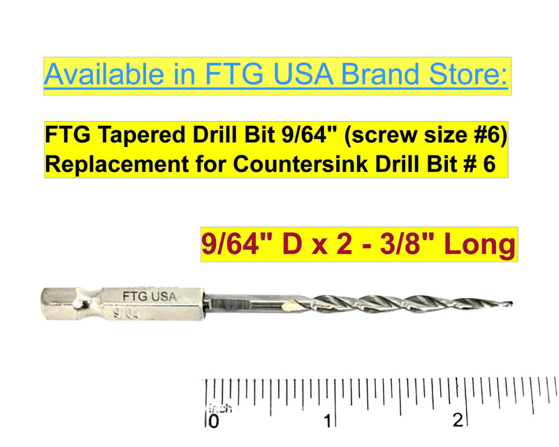 FTG USA 6 Pc #6 (9/64") Wood Countersink Drill Bit Set with Parabolic Flute, Tapered Drill Bit, Depth Stop Collar and Hex Wrench #6 (9/64") 6 Pc Hex Shank