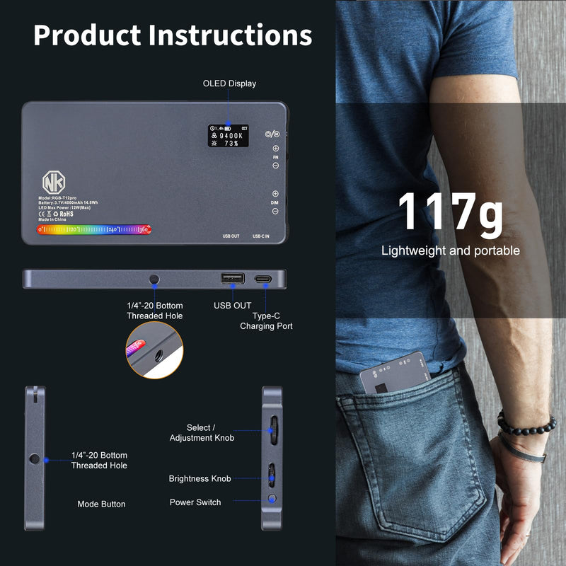 T12 Pro RGB Video Light,12W Portable LED Camera Light with 2500-8000K, 4000mAh Rechargeable Battery, 21 Effects, CRI 96+, for Studio Photography, Vlogging, Streaming, Selfie Video and Phone Recording