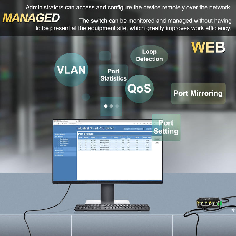 Mini Managed Industrial 5-Port Gigabit Ethernet Switch 5×10/100/1000BASE-T RJ45 Switch Support Web Management,QoS,Vlan Din Rail /Wall Mount Easy Smart Managed Network Switch Managed 5-Port Switch
