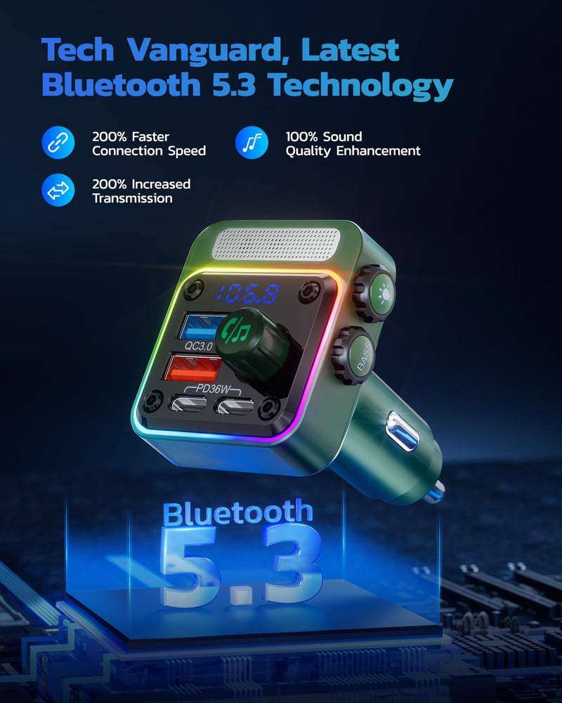 Nulaxy 54W Bluetooth 5.3 Car Adapter with 4 Charging Ports [PD 36W & QC3.0 18W], Wireless Radio FM Transmitter with Deep Bass Player & 5 Colors LED Backlit, Hands-Free Calling - NX16 Green C-Green