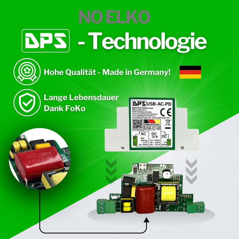 DPS - DIN Rail Power Supply USB-C 230V AC, 20W Power Delivery - 5V/9V/12V - with Short Circuit & Surge Protection - Industrial Quality AC-USB-PD_1 Stück