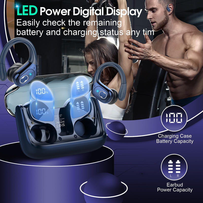 Wireless Earbuds 75hrs Bluetooth 5.3 Headphone Sport, 2025 Bluetooth Earbuds Stereo Deep Bass Over Ear Bud with Earhooks, ENC Noise Cancelling Mic, IPX7 Waterproof Earphone, Royal Blue