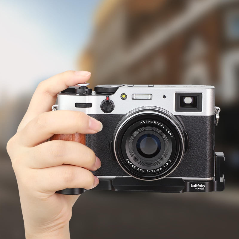 Leftfoto X100V Camera Handgrip L Plate Bracke with Wooden Grip for Fujifilm X-100V Vlog Digital Camera,with Arca Swiss Type Bottom Plate and Cold Shoe