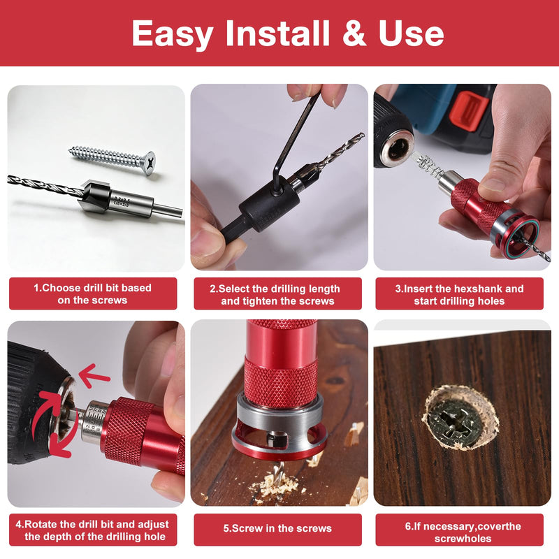 Countersink Drill Bit Set, 5 Pcs ﻿Two-Flute Semi-Automatic HSS M2 with Bearing Stopper, 82° Counterbores 1/4” Hex Shank Wood Countersink Bit Set for Wood, Plastic, Woodworking Semi-Automatic-5Pcs