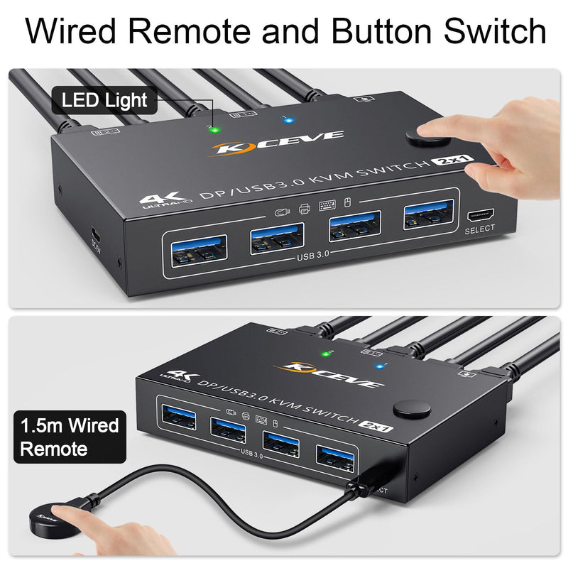 KCEVE KVM Switch 2 Computers 1 Monitor Displayport, USB 3.0 KVM Switch Displayport 4K@144Hz for 2 Computer Share 1 Monitor and 4 USB Devices, with Wired Remote 1 Monitor 2 PC 4 USB
