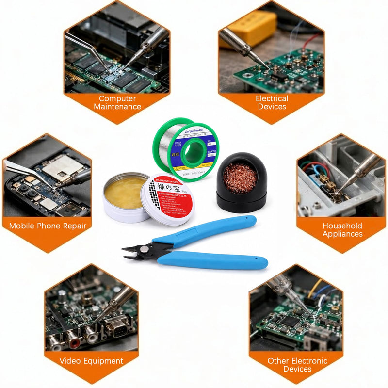 Soldering Wire, Flux Soldering, Soldering Tip Cleaner and Micro Side Cutter, 4-Piece Soldering Accessories Set with Lead-Free Solder Wire for Electronics Repair, DIY Work and DIY