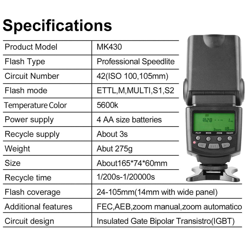 Meike MK430C E-TTL Speedlite Shoe Mount Flash Compatible with Canon 70D 77D 80D Rebel T7i T6i T6s T6 T5i T5 T4i T3i SL2 and Other EOS DSLR Cameras with Standard Hot Shoe