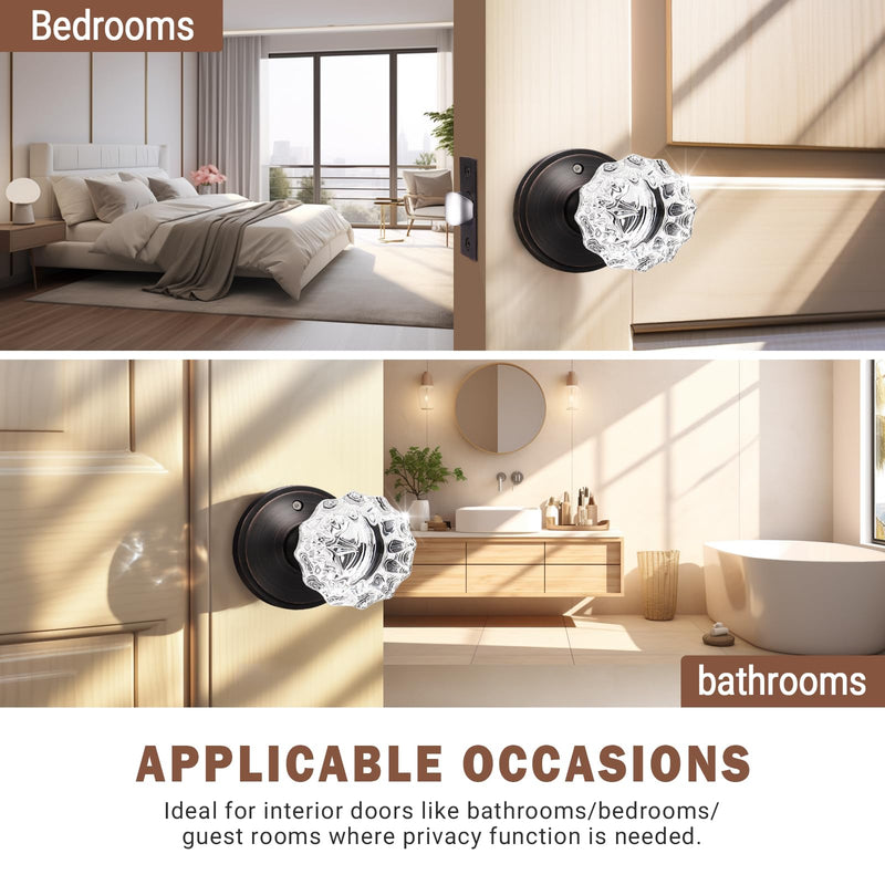 KNOBWELL Modern Round Crystal Door Knobs with Lock, Frosted Glass Design, Privacy Function for Bed and Bath, Oil Rubbed Bronze 1 Pack
