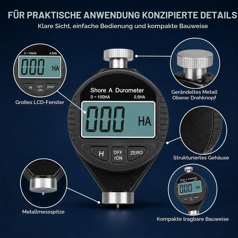 Digital Shore A Hardness Tester, Portable 100HD A Rubber Tyre Durometer | Hardness meter with large LCD, zero setting, rubber hardness tester with storage box, for rubber, silicone, tyres, plastic