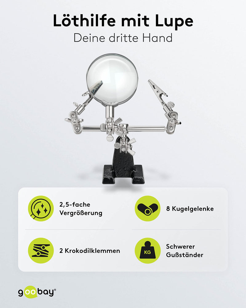 Goobay 51199 Third hand soldering with magnifying glass 2.5x magnification Solder holder as a soldering aid Helping hands Circuit board holder with crocodile clips Minimalist
