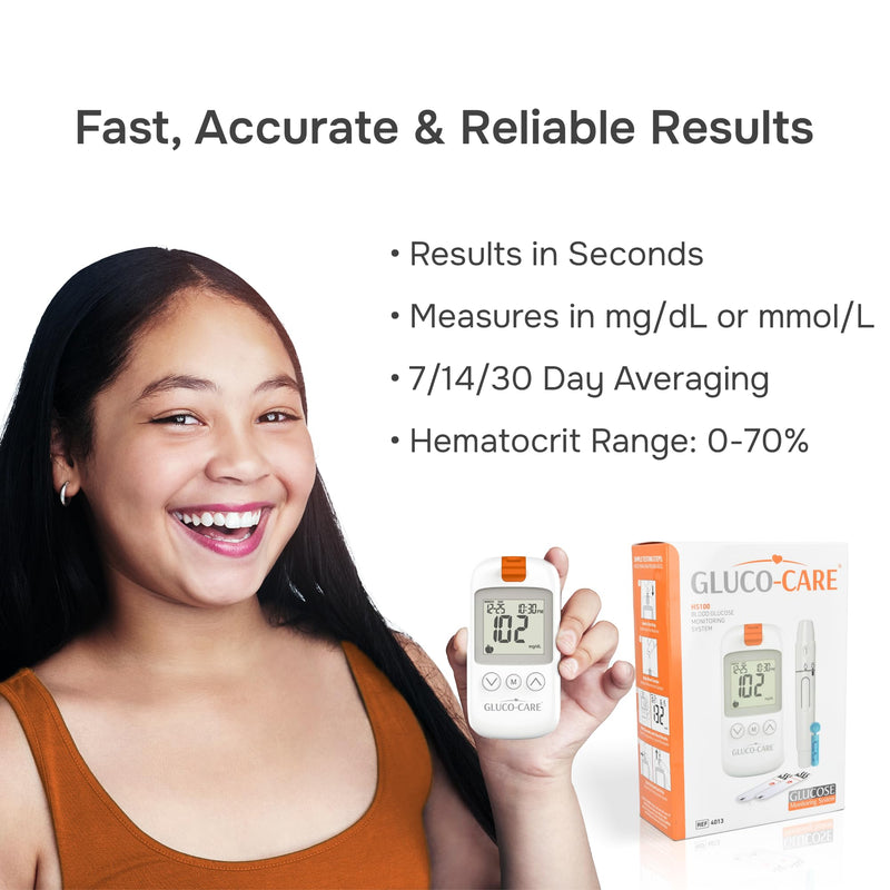 GLUCO-CARE Gluco-Care Glucose Monitor Kit - Sleek White Design, Clear Display, Auto Calibration, Glucometer Kit with Strips and Lancets, 5 Sec Results, 500 Memory, Travel Case, 1 Lancing Device, Convenient Blood Surgar Testing for Diabetes