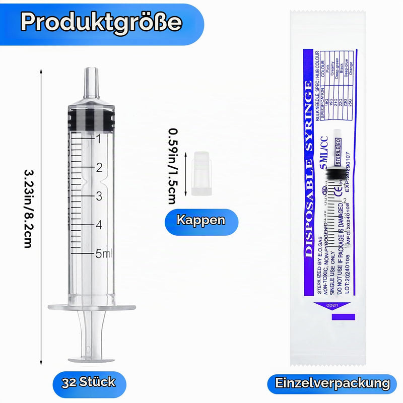 winbest Syringe 5 ml, Pack of 32 Individual Package Plastic Syringe with Cap | Plastic syringe without needle, reusable syringe for liquid measurement and dispensing, animal feeding, plant irrigation