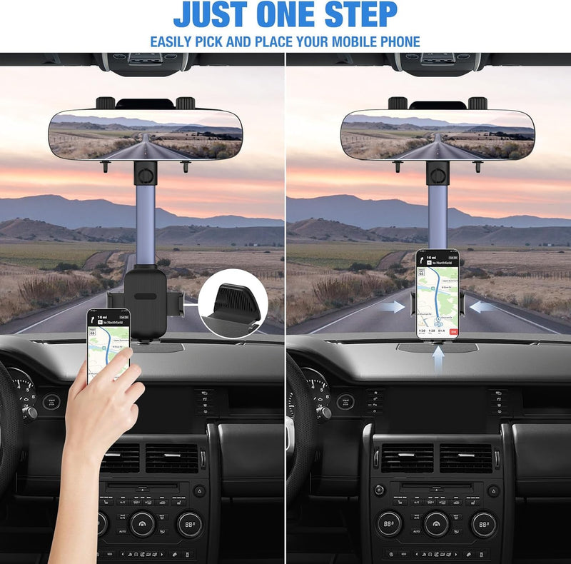 WinDu Rear View Mirror Phone Holder, 2025 Blue HD Panoramic 11.8'' Rearview Mirror with 360° Adjustable Phone Holder for Car SUV Trucks, 2 in 1 Cell Phone Car Mount for iPhone Android All Smartphone