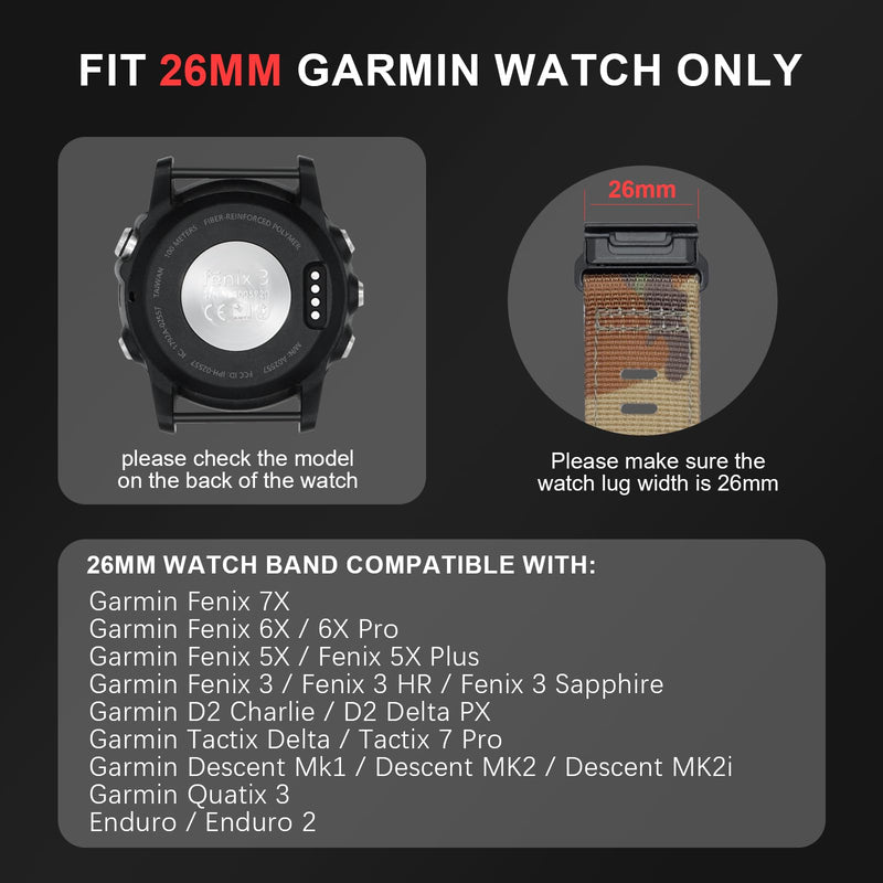 26mm Nylon Watch Band Compatible for Garmin Fenix 7X/ Fenix 6X/ Fenix 5X/ Tactix Delta, Camouflage Quickfit Bands for Garmin Fenix 3/3 HR, Fenix 5X Plus/6X Pro/Descent MK1/Enduro A-Black