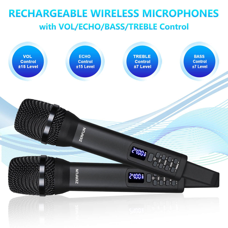 Rechargeable Wireless Microphones Dual, Pro Handheld Cordless Mics System Dynamic with Echo Treble BASS VOL Control for Karaoke Singing Church Party, 1/4'' Output, D240, Black 2 Mics, Black