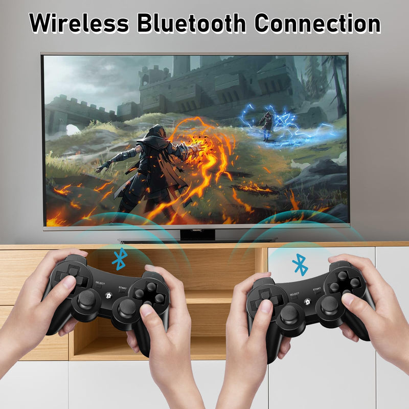 Diswoe Controllers for PS-3, Wireless PS-3 Controller 2 Pack, Bluetooth Gamepad Joystick, Double Vibrating Controller for Play_station 3 with 2 USB Charging Cables Thump Grips, Black Black+Black