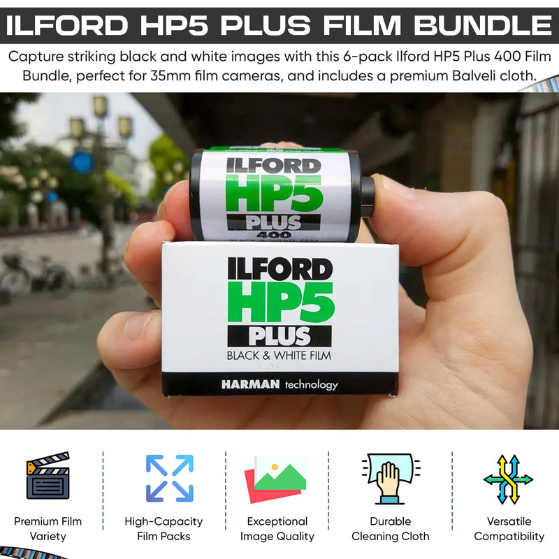 Ilford HP5 Plus 400 Black and White Film 35mm Film, 36 Exposures, 6 Rolls -Balveli Cloth- 35mm Film Black and White Roll 400 Iso Black and White-6 Black and White 35 mm Film Roll-Camera Film-B&W Film