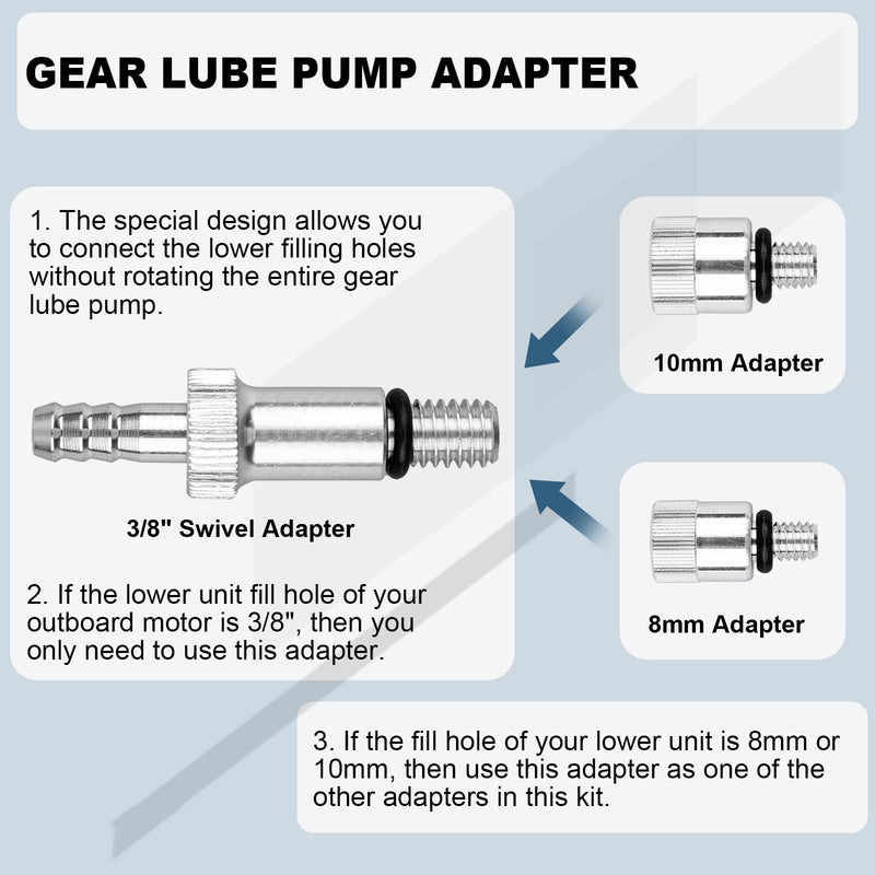 10cc Lower Unit Gear Oil Pump for Standard Quart Bottles(28mm), 3rd Hand Adapter, 8mm and 10mm Adapter for Boat Outboard Motors, Gear Lube Pump with 3/8 in Metal Swivel(Not for Vol-vo Pen-ta)