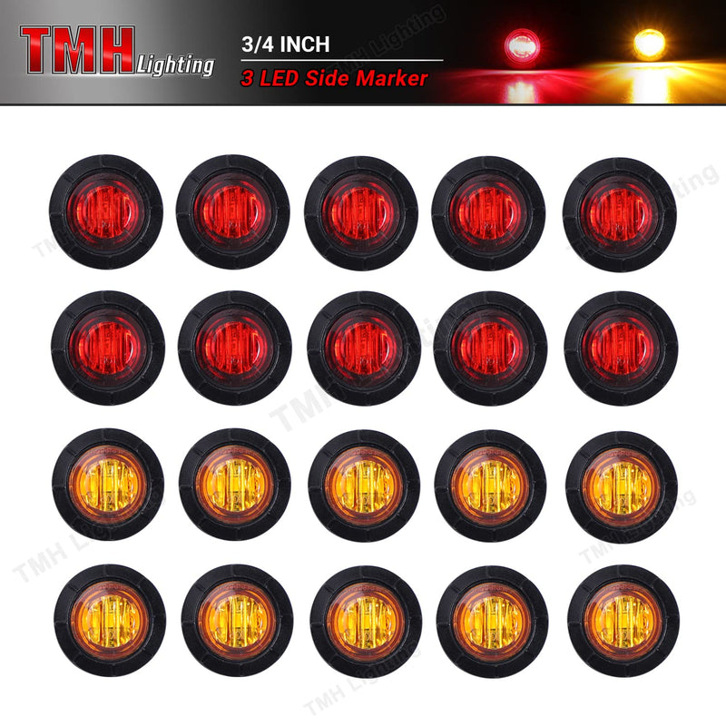 TMH 3/4 Inch Mount 10 pcs Amber + 10 pcs Red LED Clearance Bullet Side LED Marker Lights for Trailer Truck RV Car Bus Van (Pack of 20) Yellow/Red