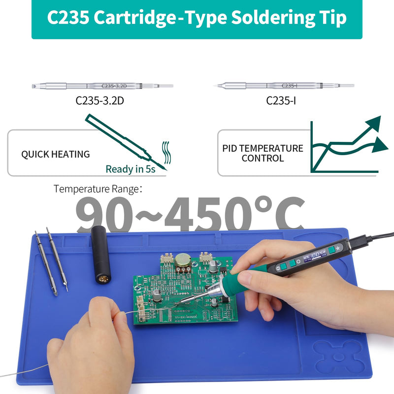YIHUA 928D-IV Soldering Iron Set with Type-C Port, Quick Heating with C235 Cartridge, Temperature Adjustable from 90 ~ 450 °C, PD/QC/Adaptive Protocols, LCD Display and Multifunctional Cover 5-in-1 kit