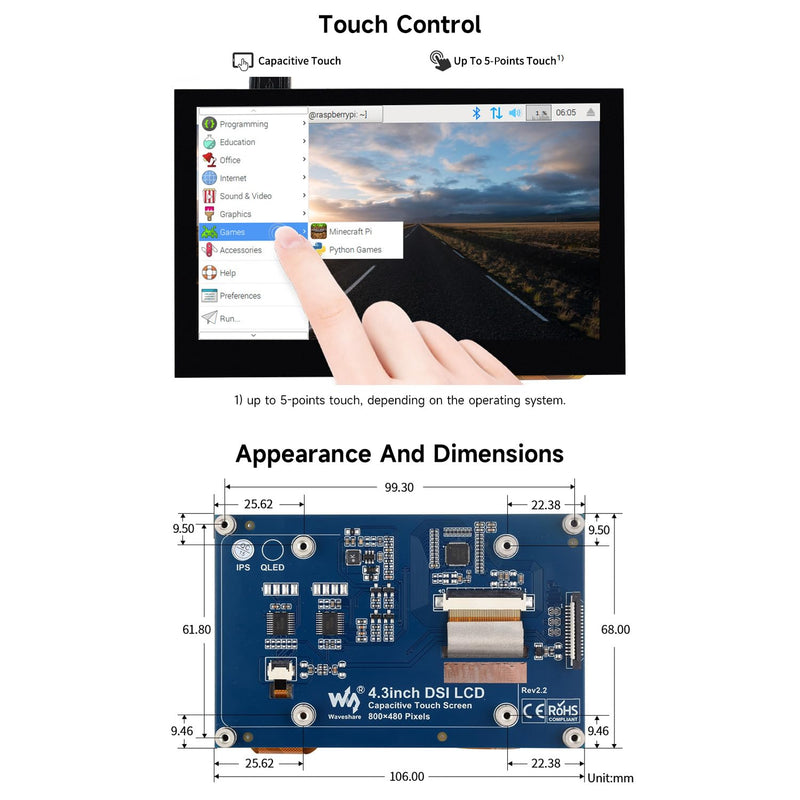 Waveshare 4.3 inch LCD Capacitive Touch Display for Raspberry Pi 5/4B/3B+/3A+/3B/2B/B+/A+ 800 × 480 IPS Wide Angle MIPI DSI Interface Screen 4.3 Inch Mini Screen 4.3inch DSI LCD