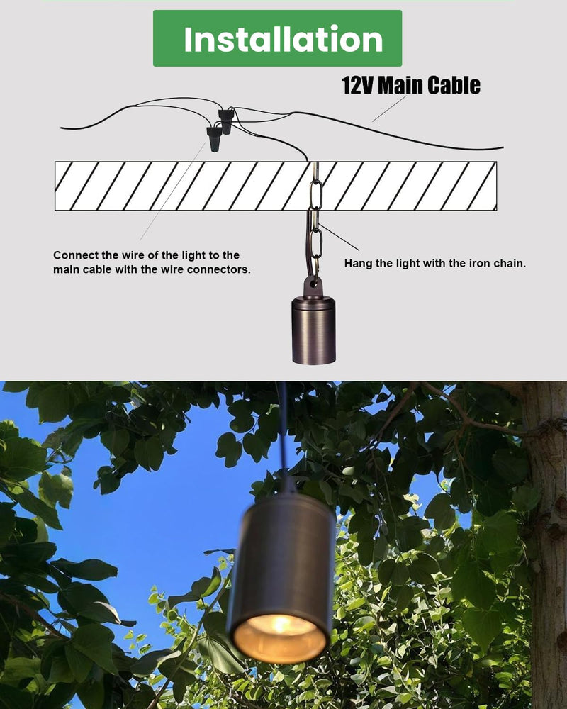 Low Voltage Brass Hanging Light Outdoor, 12V Landscape Pendant Tree Light, Replaceable GU5.3 MR16 LED Bulb, Soft Warm White 2700K, IP67 Waterproof Design for Garden Yard Gazebo Pergola 1-Pack