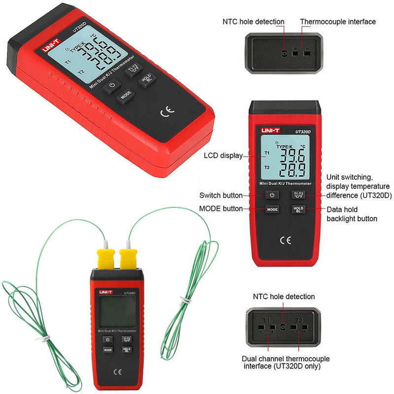 UT320D Dual Channel K/J Digital Thermometer, Thermocouple Temperature Meter Temperature Meter with 2 K-Type Measuring Probe for Industry, Agriculture, Meteorology and Life 02-UT320D