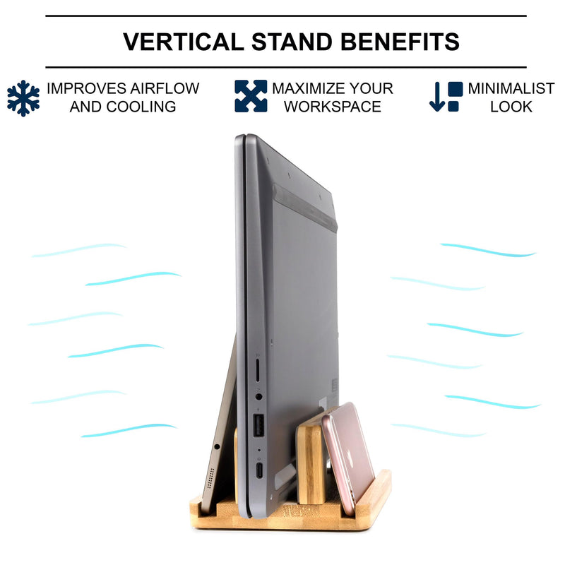 S&A WOODCRAFT 3 Slots Bamboo Wood Vertical Laptop Stand, Adjustable Wooden Laptop Holder, Non-Slip Laptop Dock Compatible with Apple MacBook, Microsoft Surface, Gaming Laptops, IPad, Tablets Natural Bamboo