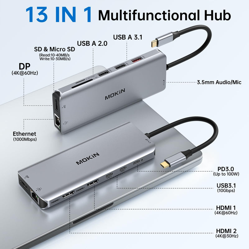 USB C Laptop Docking Station Dual Monitor Dual HDMI 4k DP Triple Display Hub 10G, 13 in 1 MOKiN USB C Hub with 3 Monitors,Displayport,USB3.1,RJ45,100W PD,Card Reader,Audio/Mic, for Dell HP Lenovo Silver