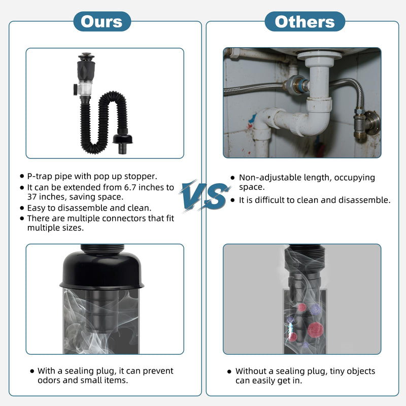 iFealClear Bathroom Sink Drain Kit, Flexible P-Trap Drain Pipe with Pop Up Stopper, Expandable Bathroom Sink Pipe Replacement with 2 Adapters, Fits 1-1/4'', 1-1/2'', 2" Holes, Hair Catcher, Black Matte Black Modern